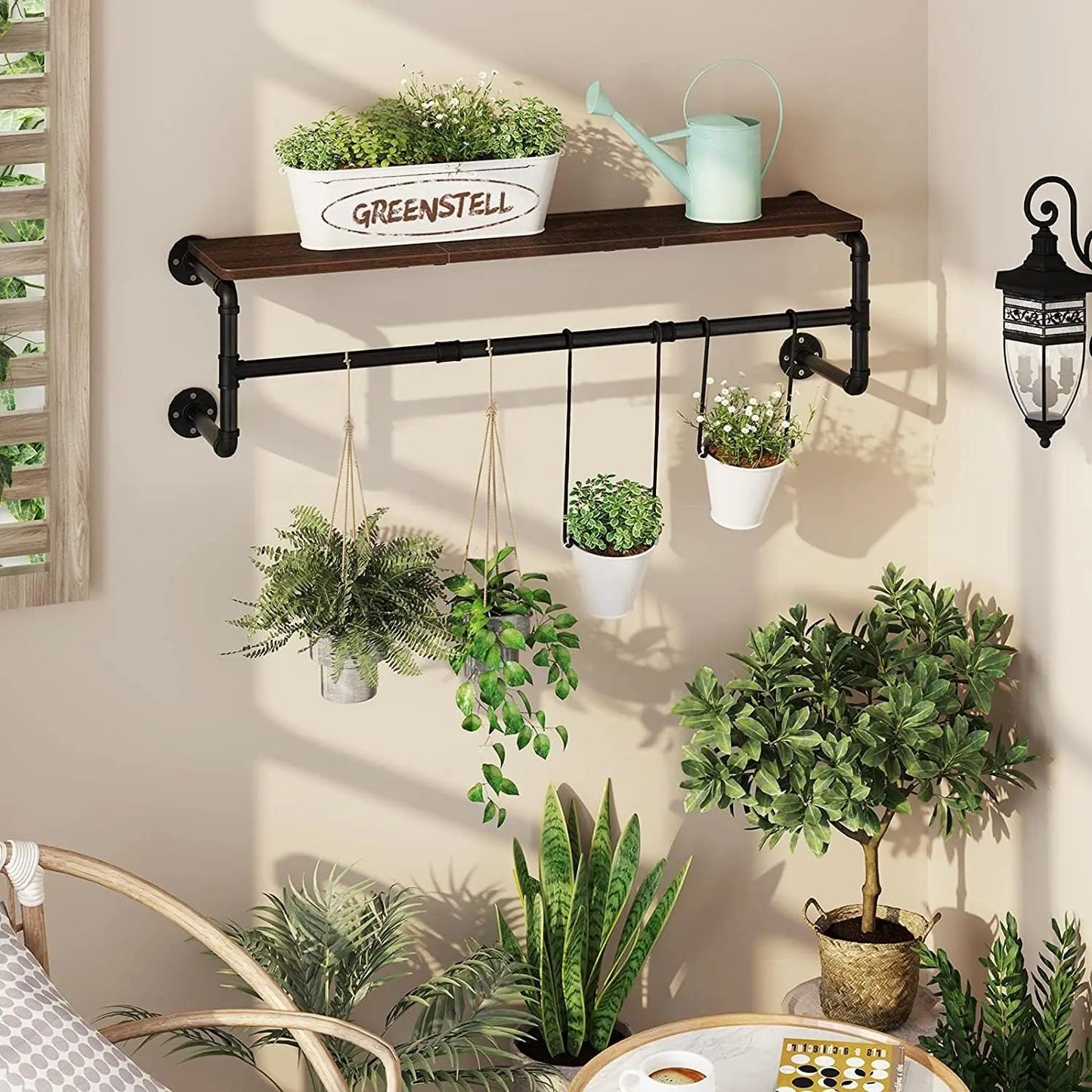 Industrial Pipe Clothes Hanging Rack with Wood Shelf Wall Mounted