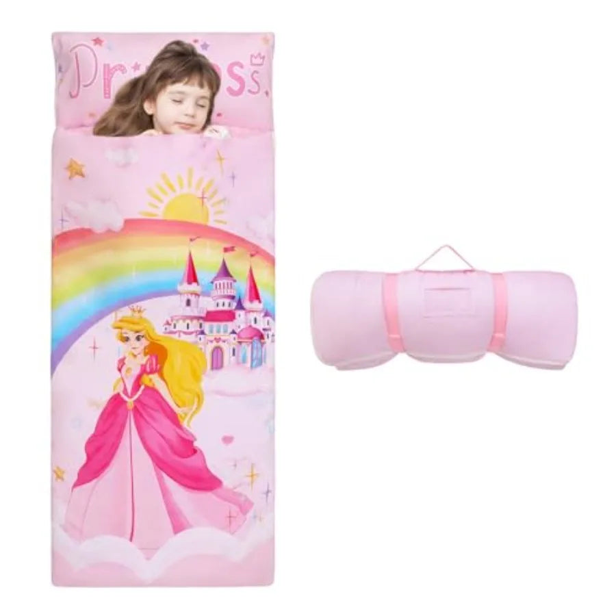 Sleeping Bag Toddler Nap Mat with Removable Pillow Large Foldable Sleeping Bag for Girls Boys Easy Clean Slumber Bag with Doubl