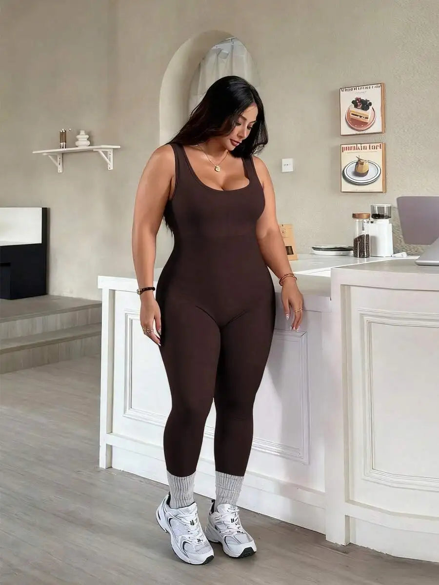 Rhythm Era 1pc Plus Size Black Backless Jumpsuit, Comfortable Stretchy Seamless Knit Yoga & Fitness Activewear