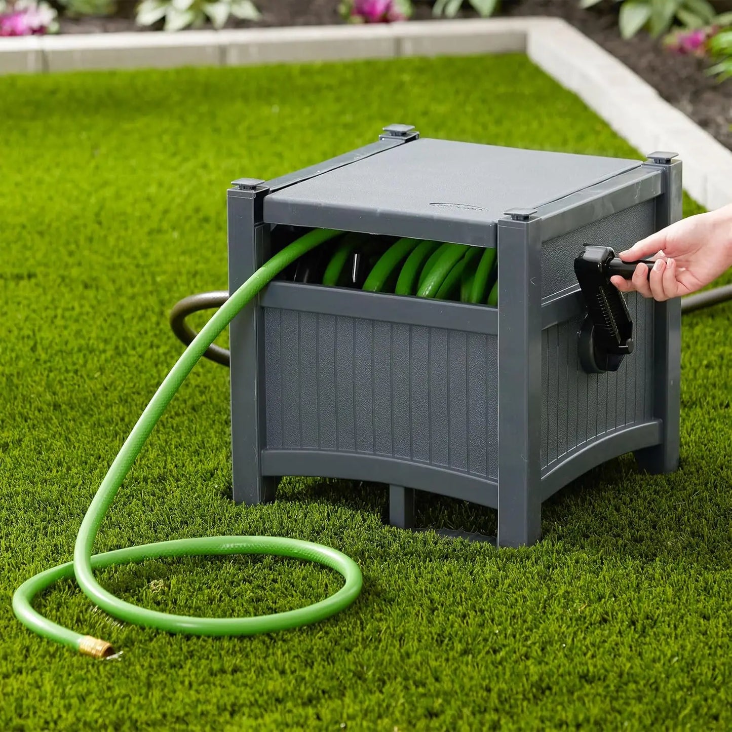 Suncast Cyberspace Grey Garden Hose Storage Reel Box Resin Outdoor Container Holds 100FT 5/8 Inch Water Line No Assembly Require