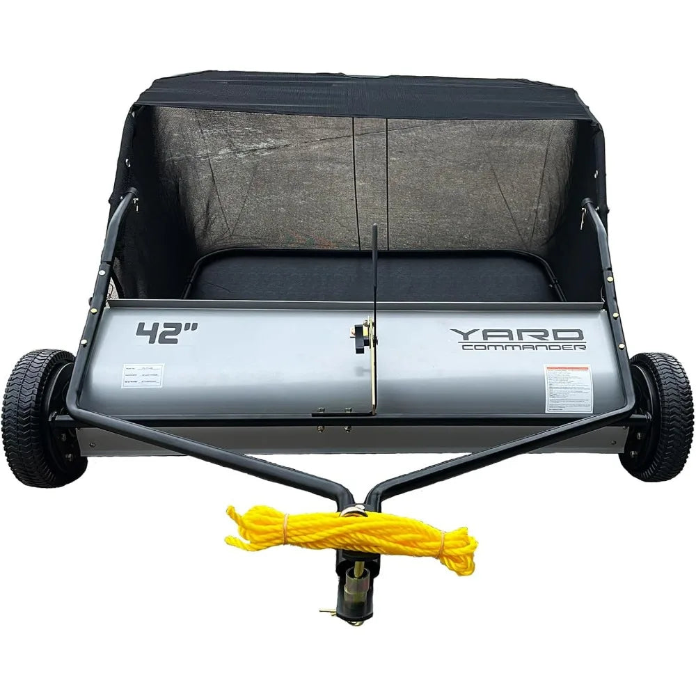 42-Inch Tow-Behind Lawn Sweeper, 10" Nylon Brushes, Universal Tractor/ATV Hitch, Never-Flat Wheels, Adjustable Height, 1-Year Wa
