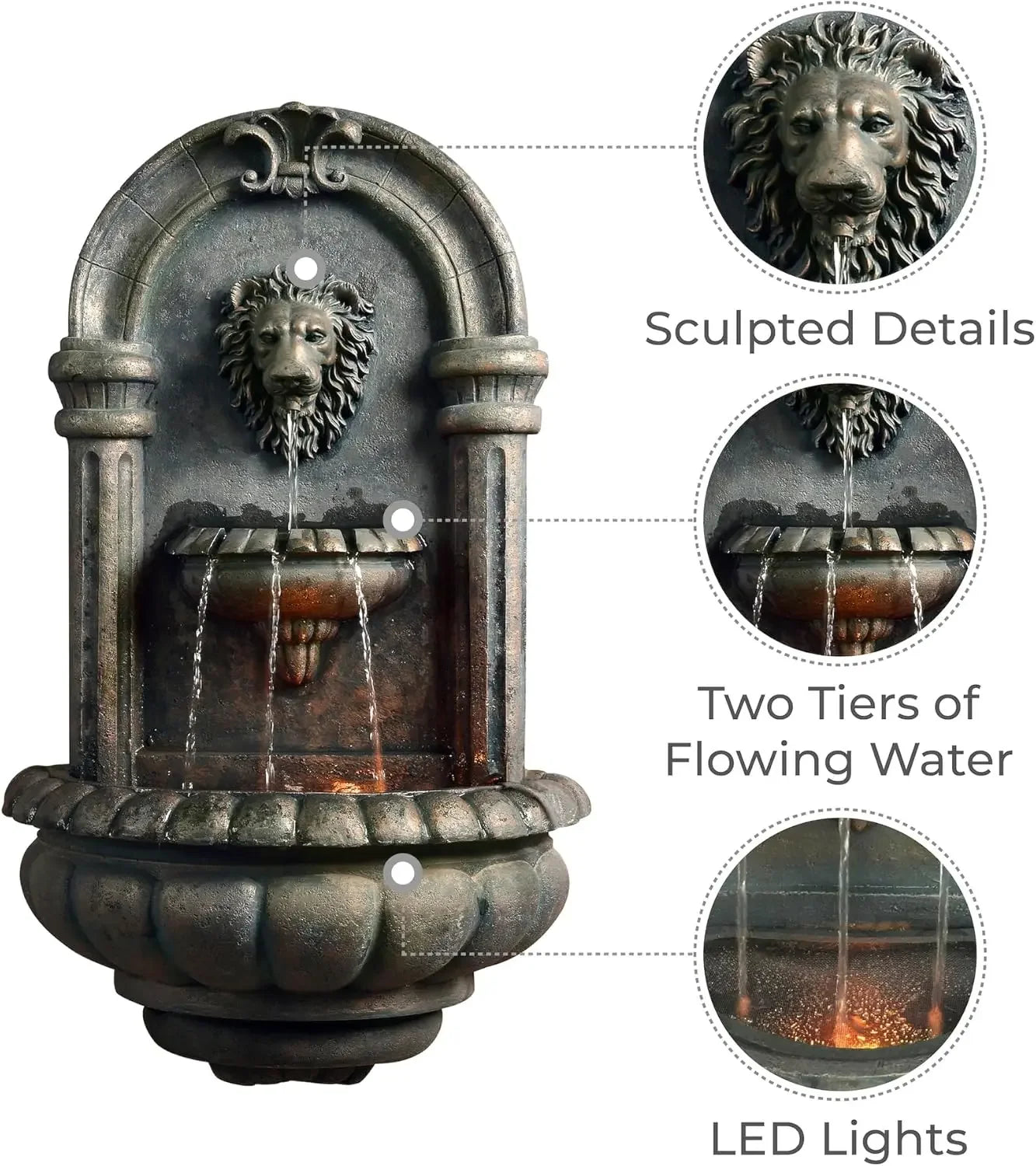 32.1 in. Wall-Mounted Lion Head Stone LED Outdoor Water Fountain for Gardens, Landscaping, Patios, Balconies, Lawns to Create a