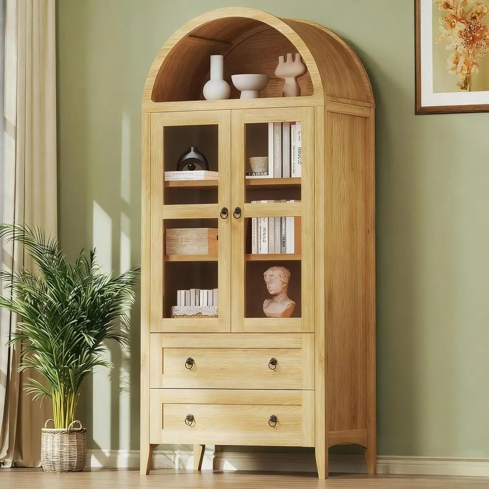 71 Tall Arched Pantry Cabinet with Glass Door, 2 Drawers, and Adjustable Shelves for Kitchen, Dining, Living Rooms