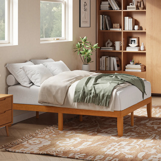 MCQ 16 Inch Thick Solid Wood Bed Frame 700 lbs Capacity Platform Bedframe with Wooden Slats Support Noise-Free No Box Spring Needed Easy Assembly