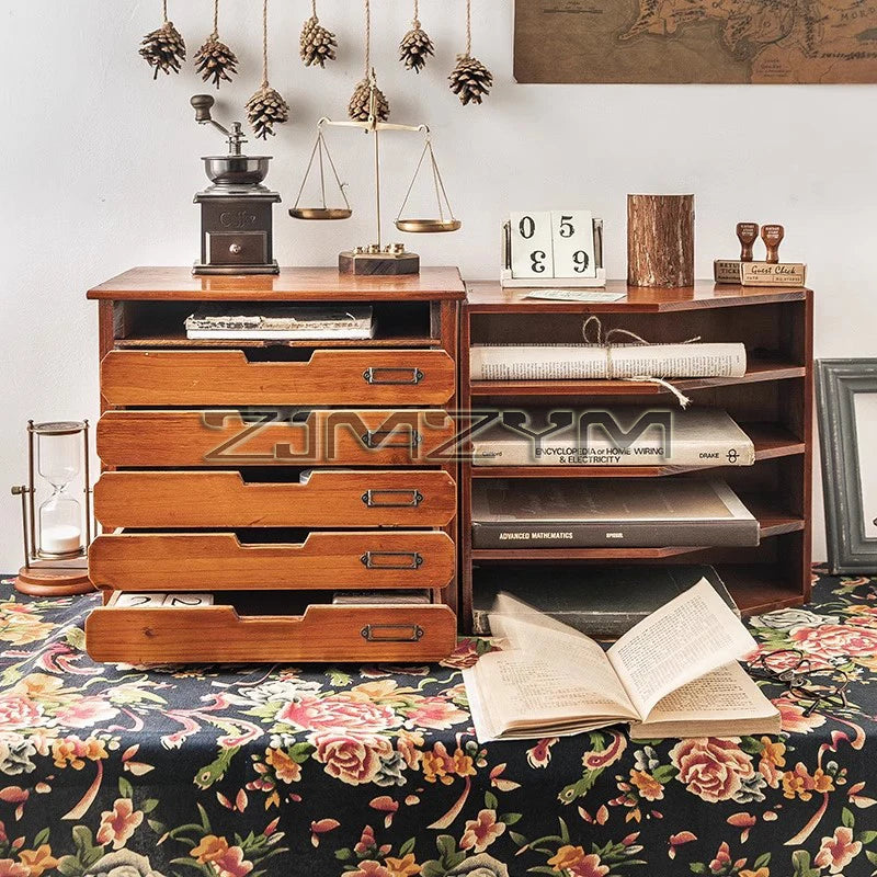 Desktop Organizer Drawer Style Storage Box Office Desk Multi Layer Document Stationery A4 Paper Solid Wood Tabletop Cabinet