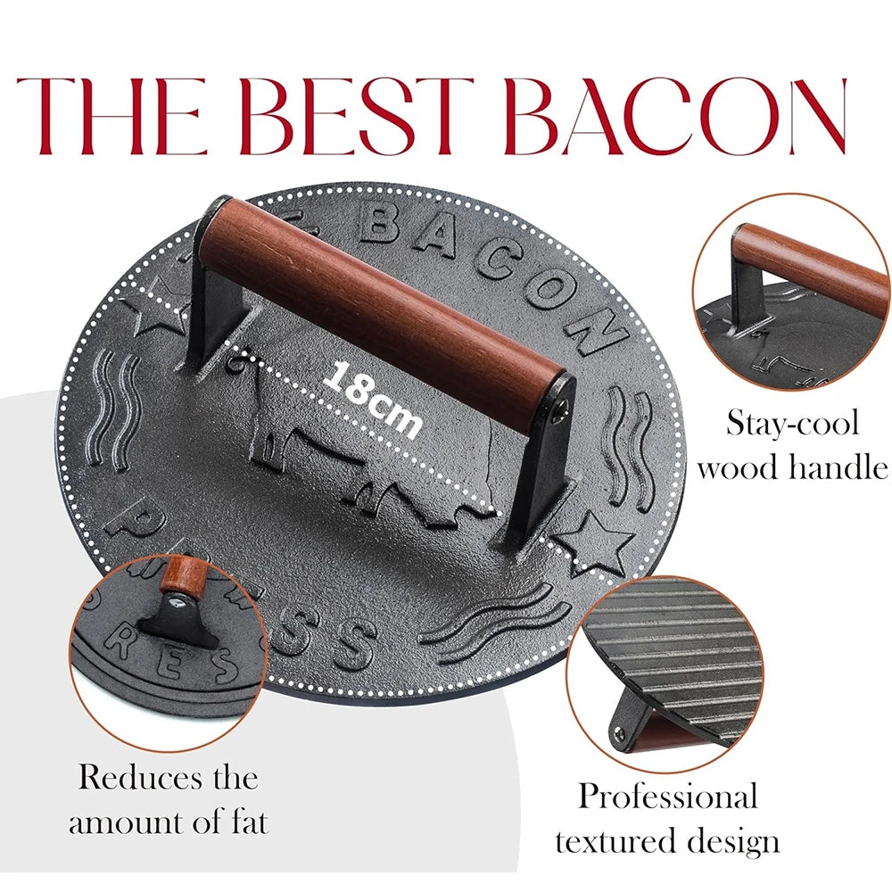 LMETJMA Bacon Press Heavy-Duty Cast Iron Grill Press Meat Steak Press with Wood Handle Kitchen Hamburger Smasher Press JT277