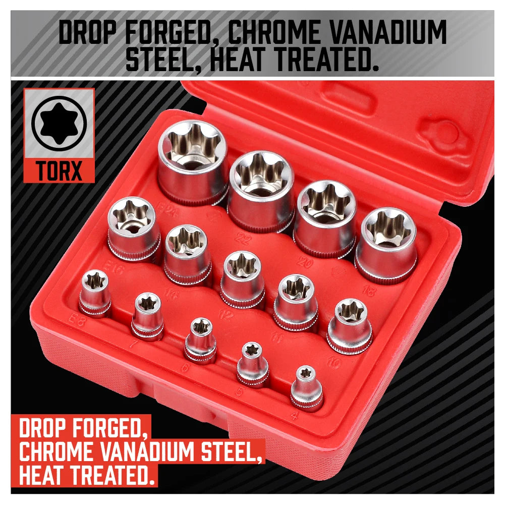 SEDY 14-Piece E-TORX Socket Set - Premium Female Torx Socket Set, Ultimate Torque Star Sockets, External Torx Sockets