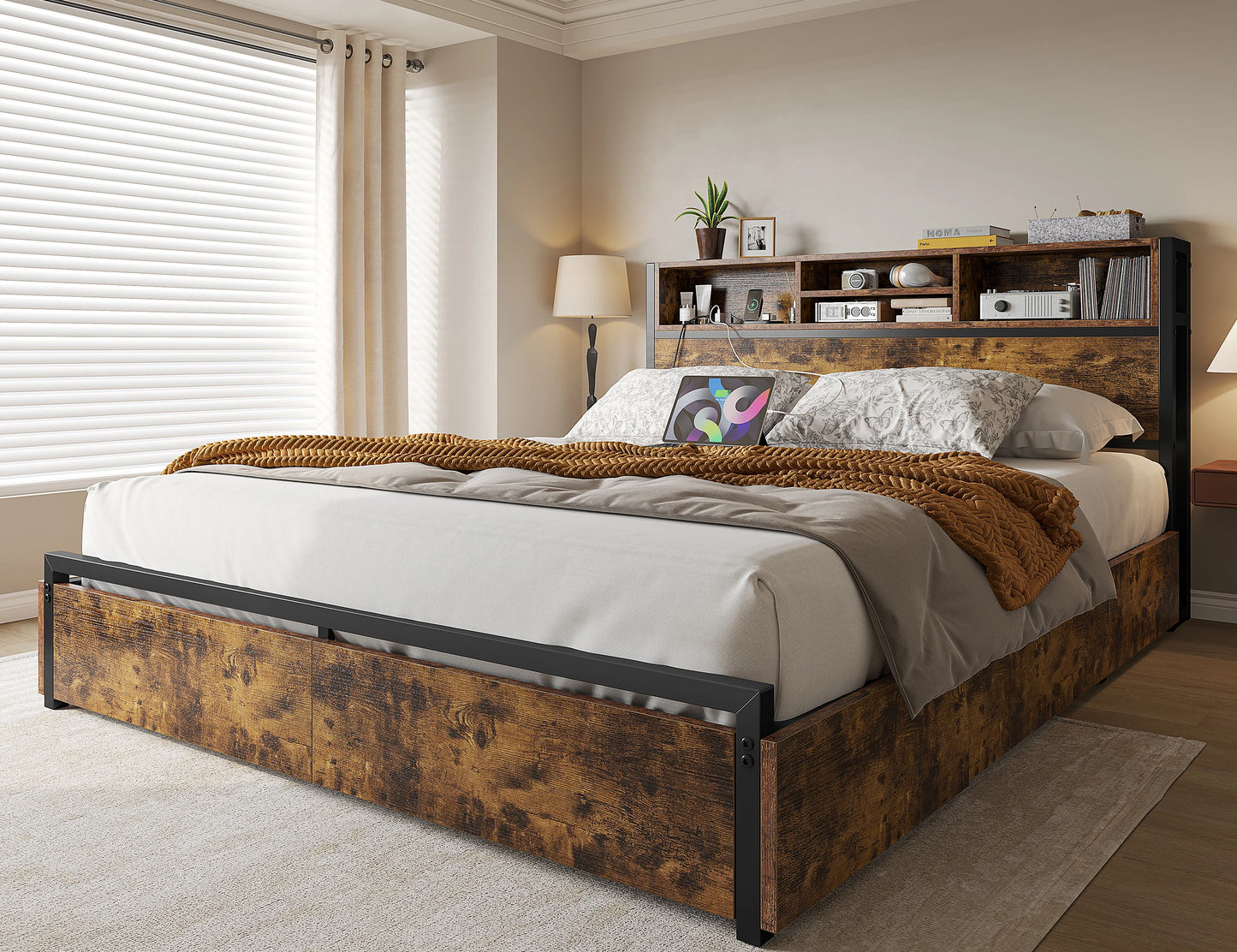 EnHomee Full/Queen/King Bed Frame with 6 Storage Drawers & Charging Station Metal Platform Bed Frame with Bookcase Headboard,No Noise