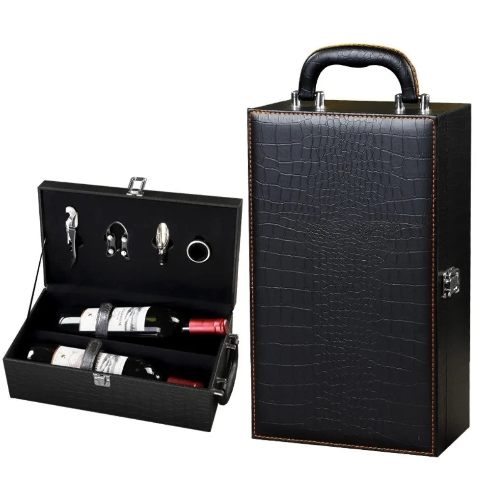 New PU Leather Wine Gift Box with Tools with Handle Portable Carrier Tote with 4 Accessories Set Red Wine Storage Box Gifts