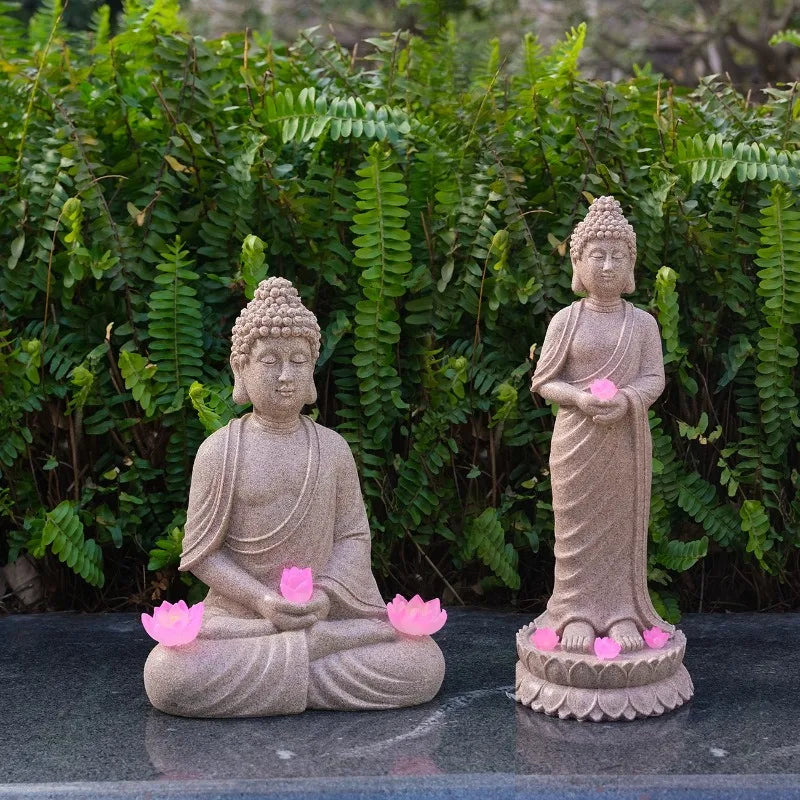 Buddha Figurines, Chinese-style Zen Garden Statues Solar-powered Garden Lights Horticultural Landscape Decorations Resin