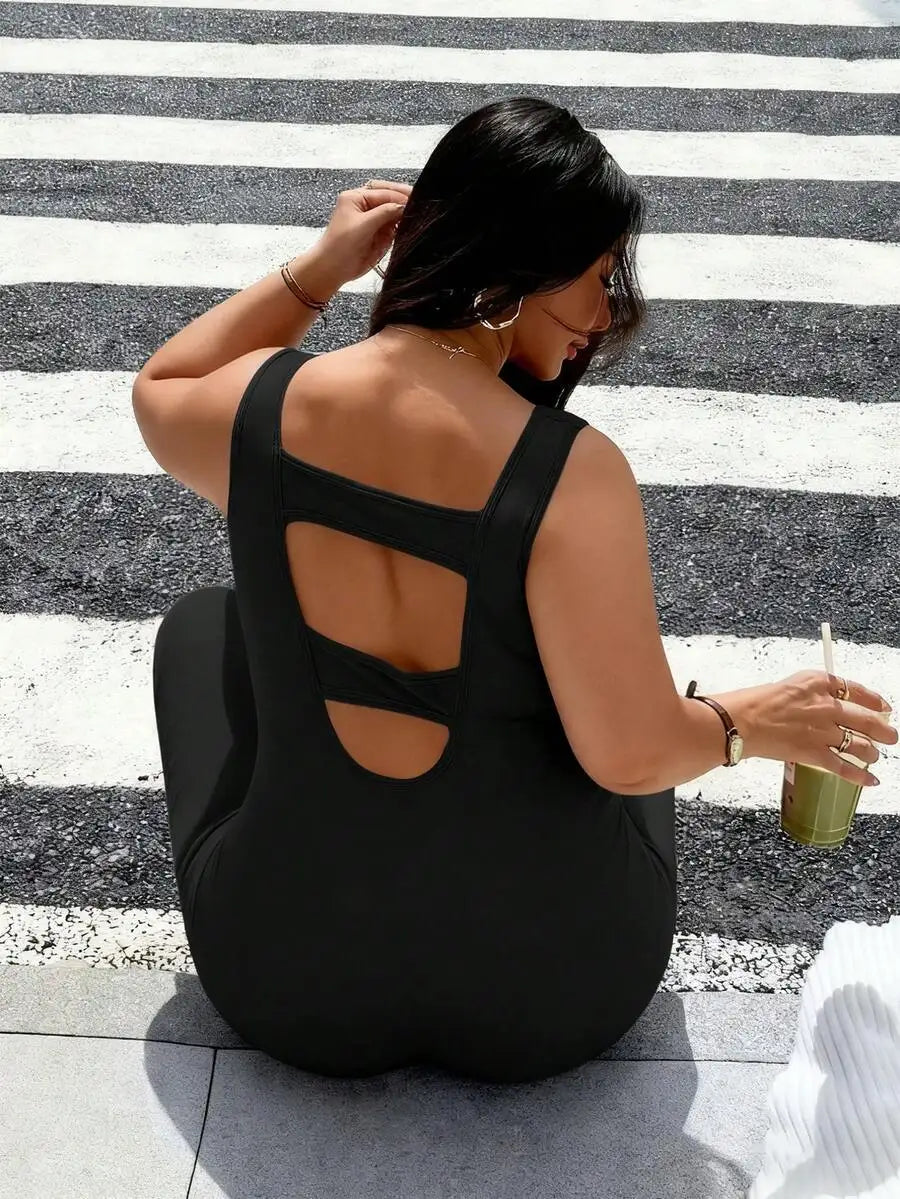 Rhythm Era 1pc Plus Size Black Backless Jumpsuit, Comfortable Stretchy Seamless Knit Yoga & Fitness Activewear