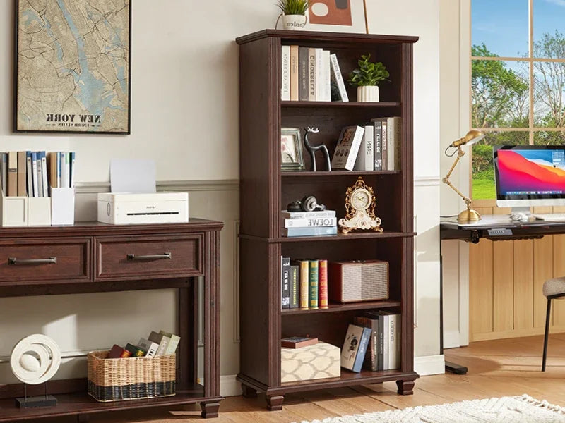 SAVOR LIFE 70" Tall Walnut Bookshelf,5 Tier Wooden Book Shelf with Adjustable Shelves & Wood Legs,Free Standing Farmhouse