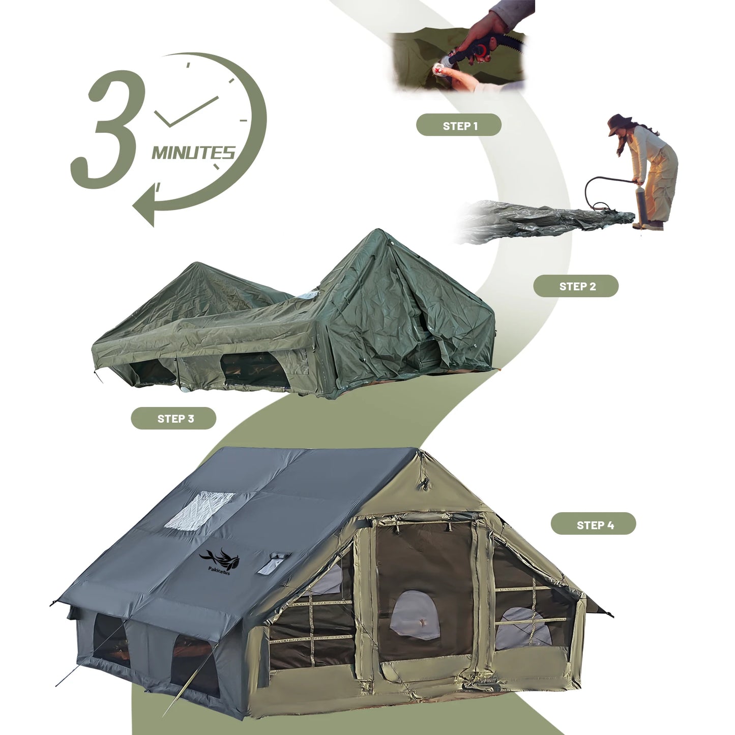 PAKICETUS Large Luxury Inflatable Glamping Tent with Manual Hand Pump, Easy Setup 4 Season Anti-Snow Spacious Family Shelter, Weatherproof Air Tent for Outdoor Camping, Backyard Party & Wilderness Adventure