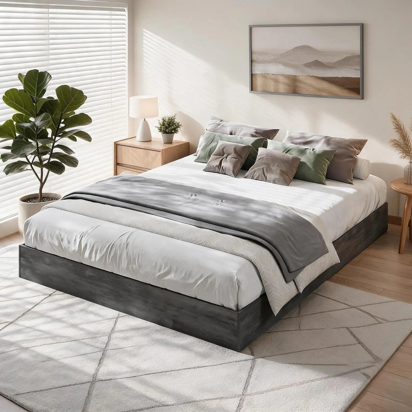 Garvee Living Room Bed Frame Easy Sturdy Assembly Bedroom Frames with Low Profile Design Eco-Friendly Bed Wood Slats Support Home Furniture Without Headboard