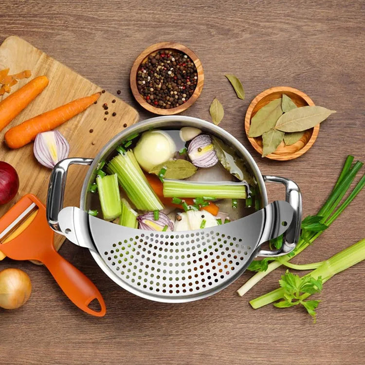 Stainless Steel Pot Strainer Kitchen Colander with Handle Held Crescent Drainer Pan Crescent Pot Strainer Pasta Noodles Strainer