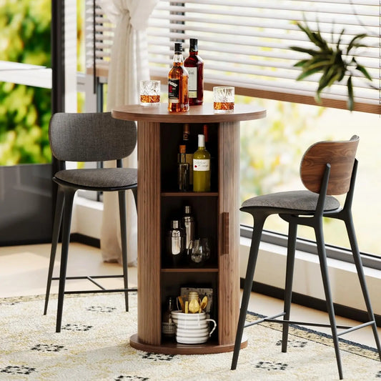 Round Bar Table with 3-Tier Hidden Storage Shelves Slide Door, 36.4'' High Top Bistro Table Cocktail Table for, Customized