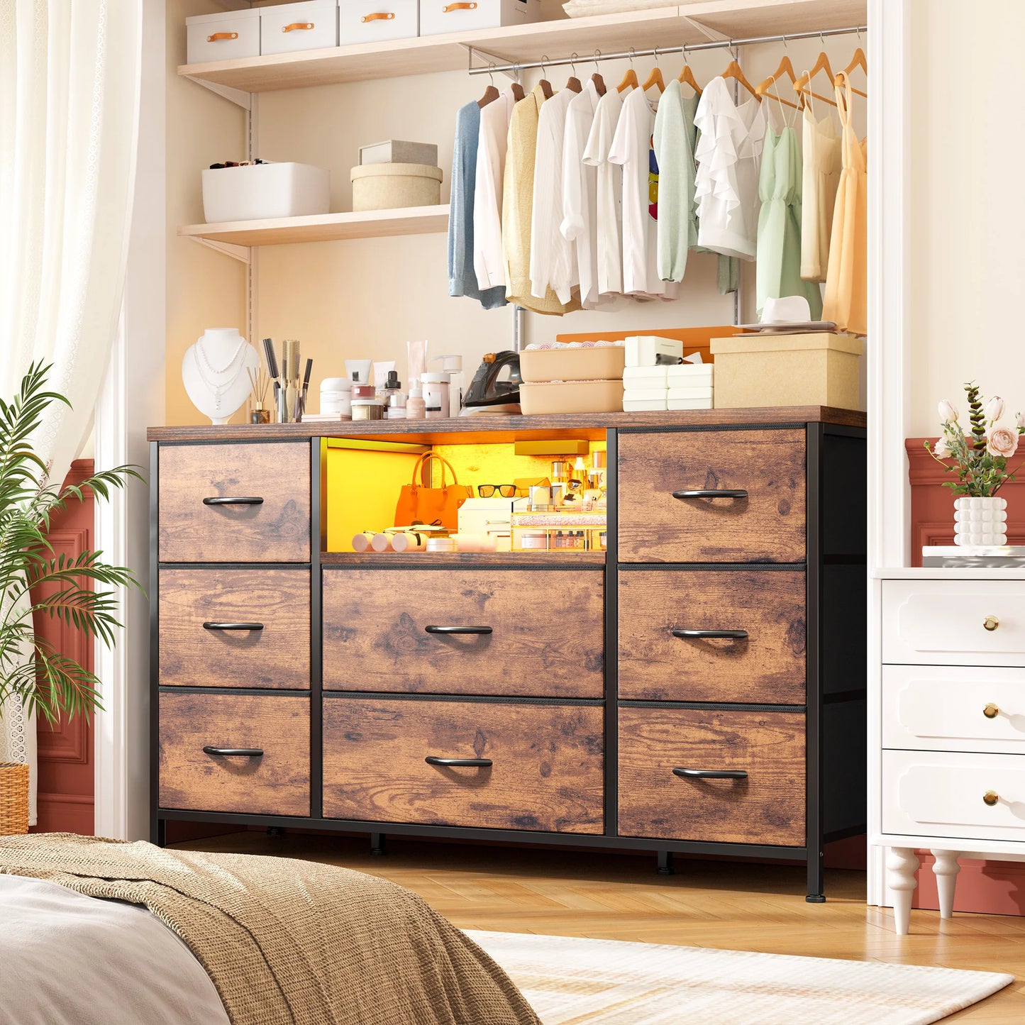 EnHomee 8-Drawer Media Dresser with LED Lighting & Built-in Charging Station - Fabric Storage Cabinet for 55" TVs, Ideal for Bedroom