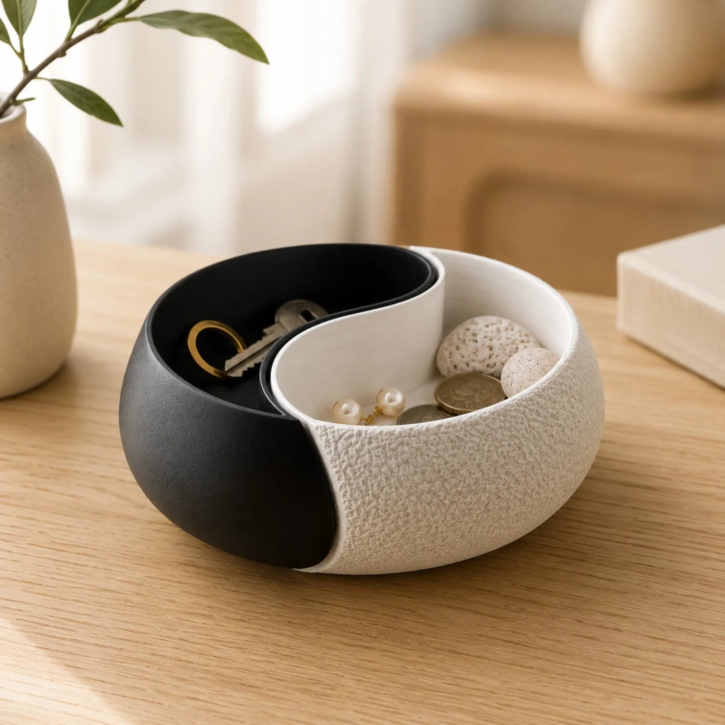 3D Printed Black & White Yin-Yang Storage Bowl, Double Compartment Jewelry Tray & Key Holder, Modern Zen Decor, For Desk, Booksh