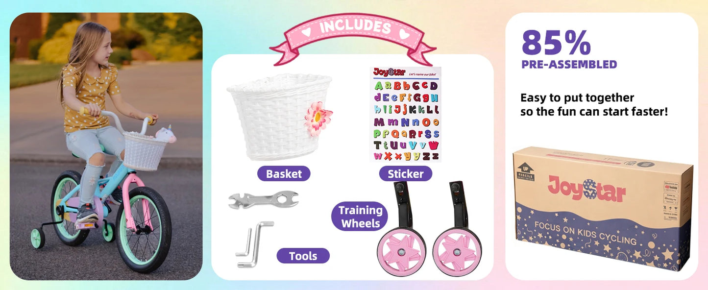 JoyStar Macaroon Kids Bike With Training Wheels And Front Basket
