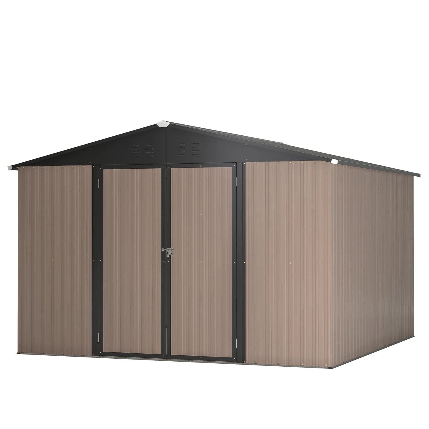 LZBEITEM Outdoor Storage Shed 10x10 FT Utility Metal Tool Storage with Lockable Doors Updated Frame Structure Black