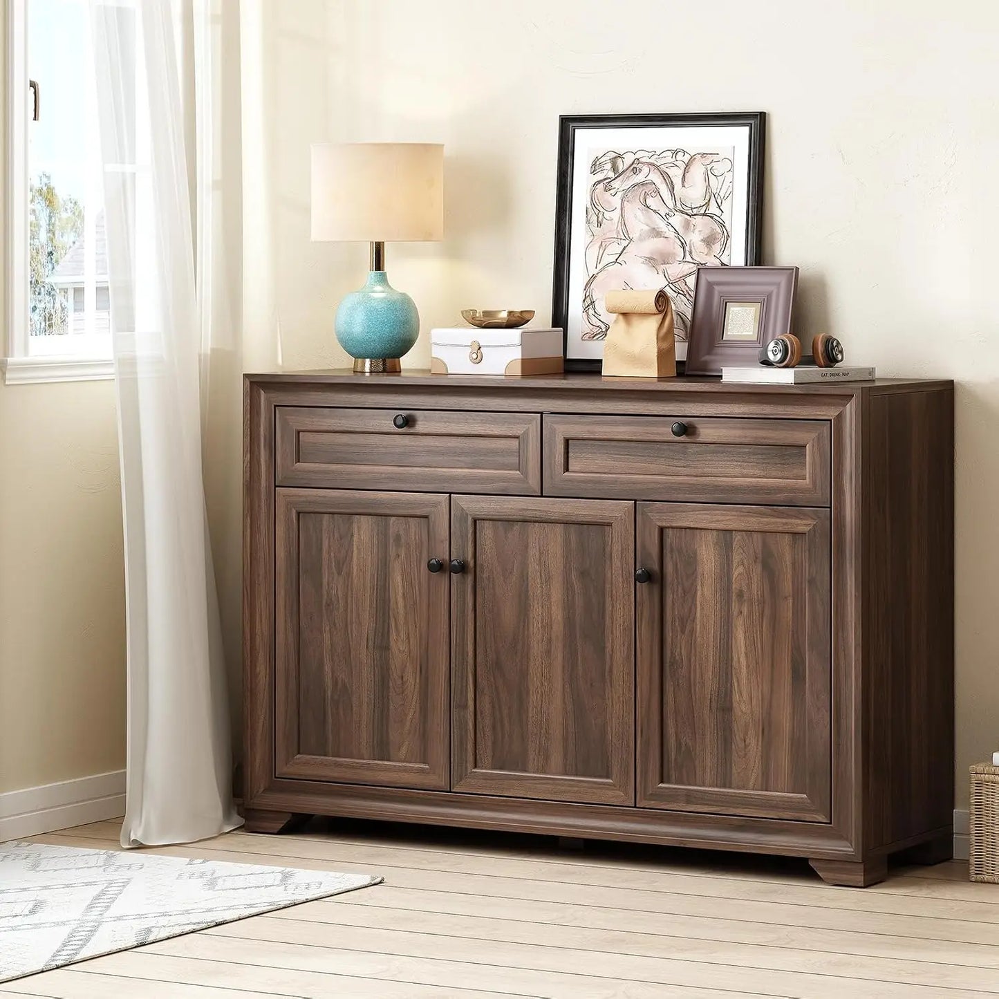 48" Sideboard Storage Cabinet with 2 Drawers + 3 Doors | Wood Coffee Bar Cabinet, Buffet Table Adjustable Shelves Farmhouse Style for Home Kitchen Living Room