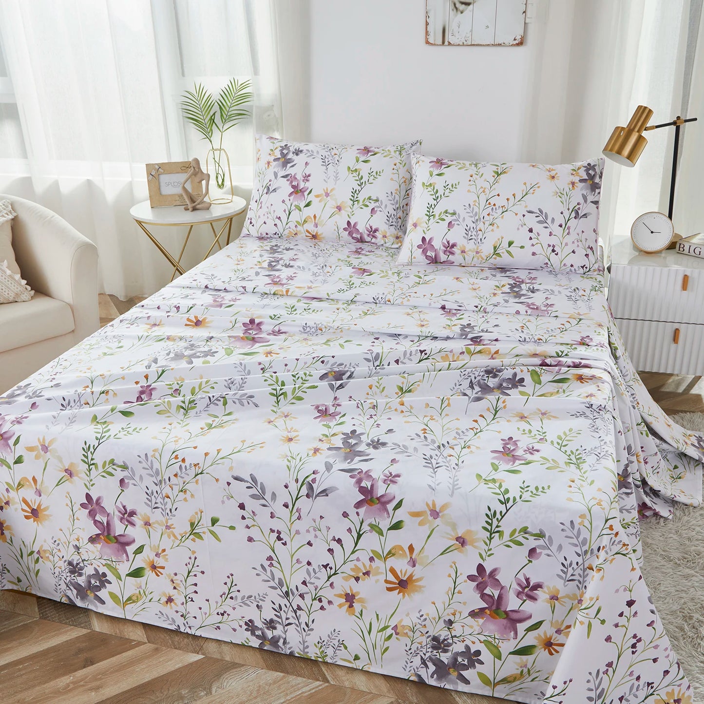 4pcs 600 TC 100% Egyptian Cotton Fitted Sheet Set (Without Core), Fresh Pinky Spring Botanical Pattern, Soft And Skin-friendly
