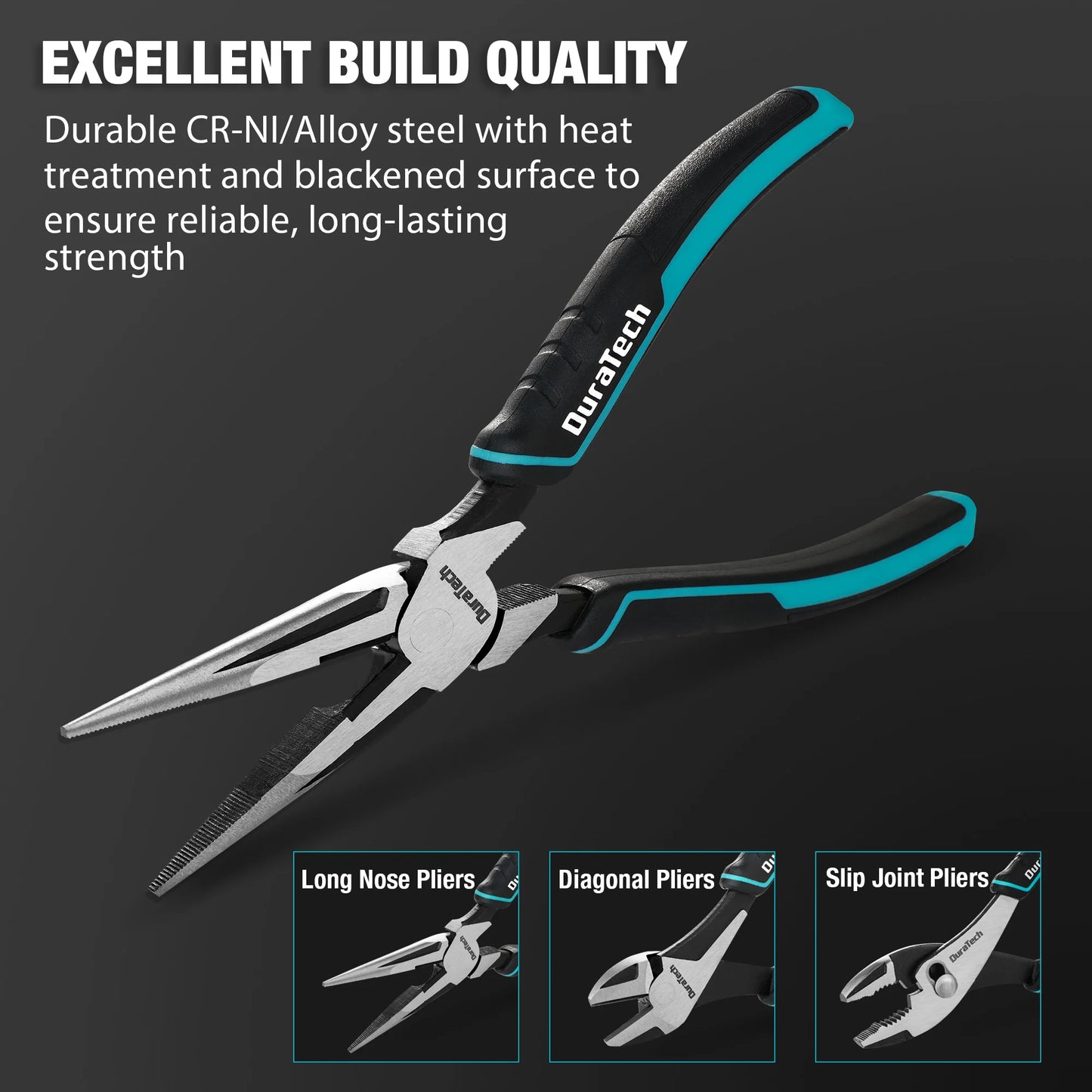DURATECH 3PCS Plier Set Premium Cr-Ni Construction, Pliers Tool Set Including 8 Inch Needle Nose Pliers, Slip Joint Pliers