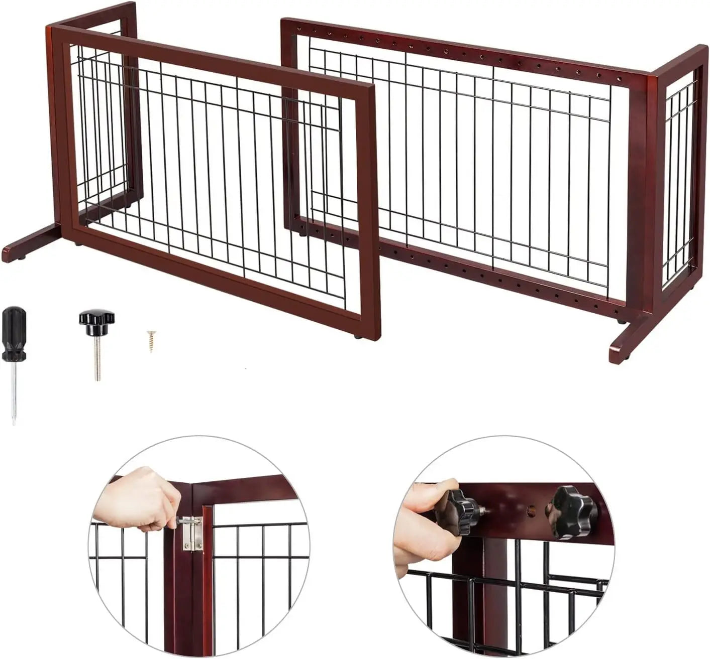 Bonnlo Cherry Free Standing Dog Gate 37"-68" Wide Adjustable Wooden Pet Fence Indoor for Fireplace Stairs Doorways Christmas Tre