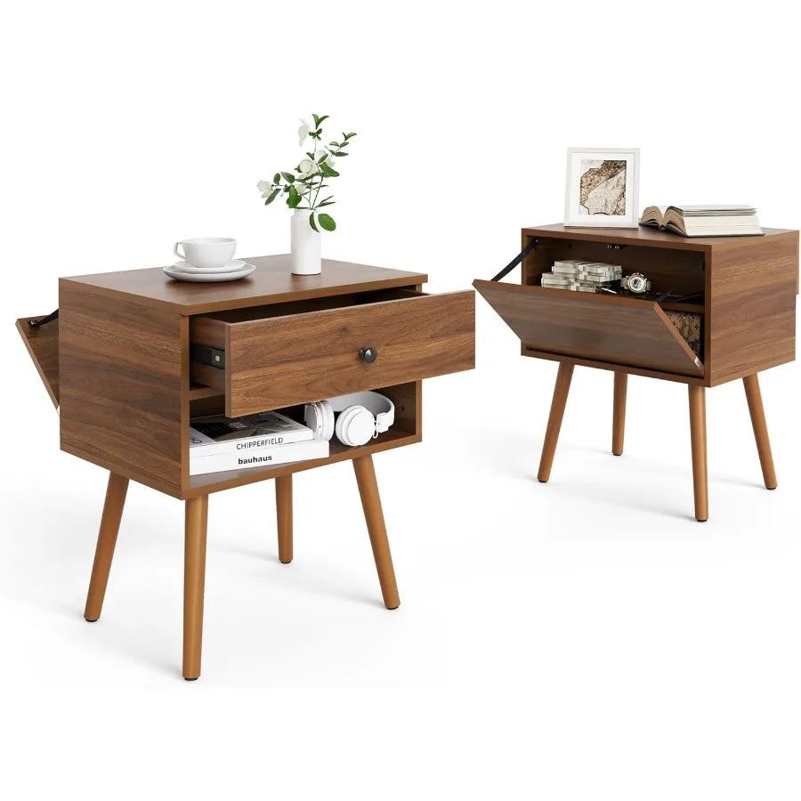Mid Century Modern Hidden Compartment Night Stand Set with Wood Legs 2-Piece End Table with Storage Drawer for Bedroom in Walnu