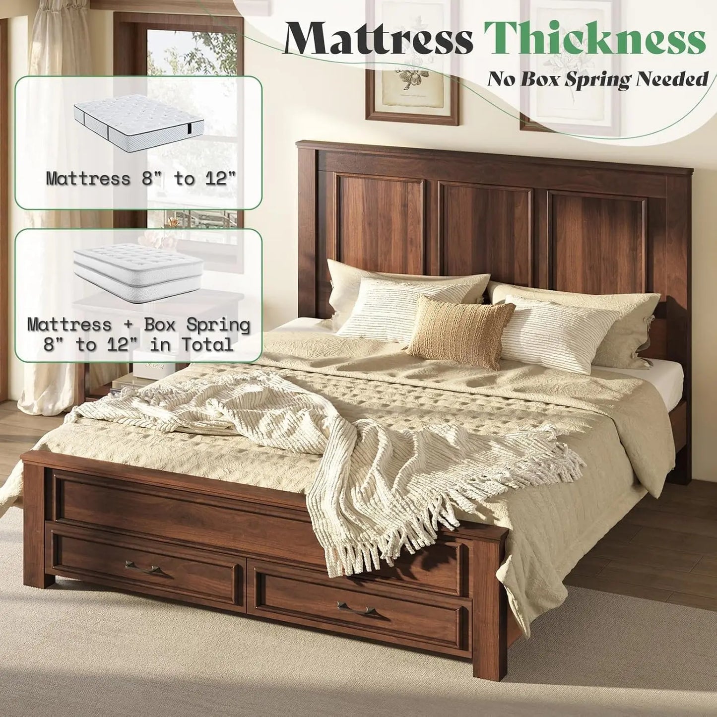52.2" Queen Size Farmhouse Bed Frame with Headboard, Rustic Brown | Tall Panel Headboard & Footboard, Wood Platform Bed, Custom