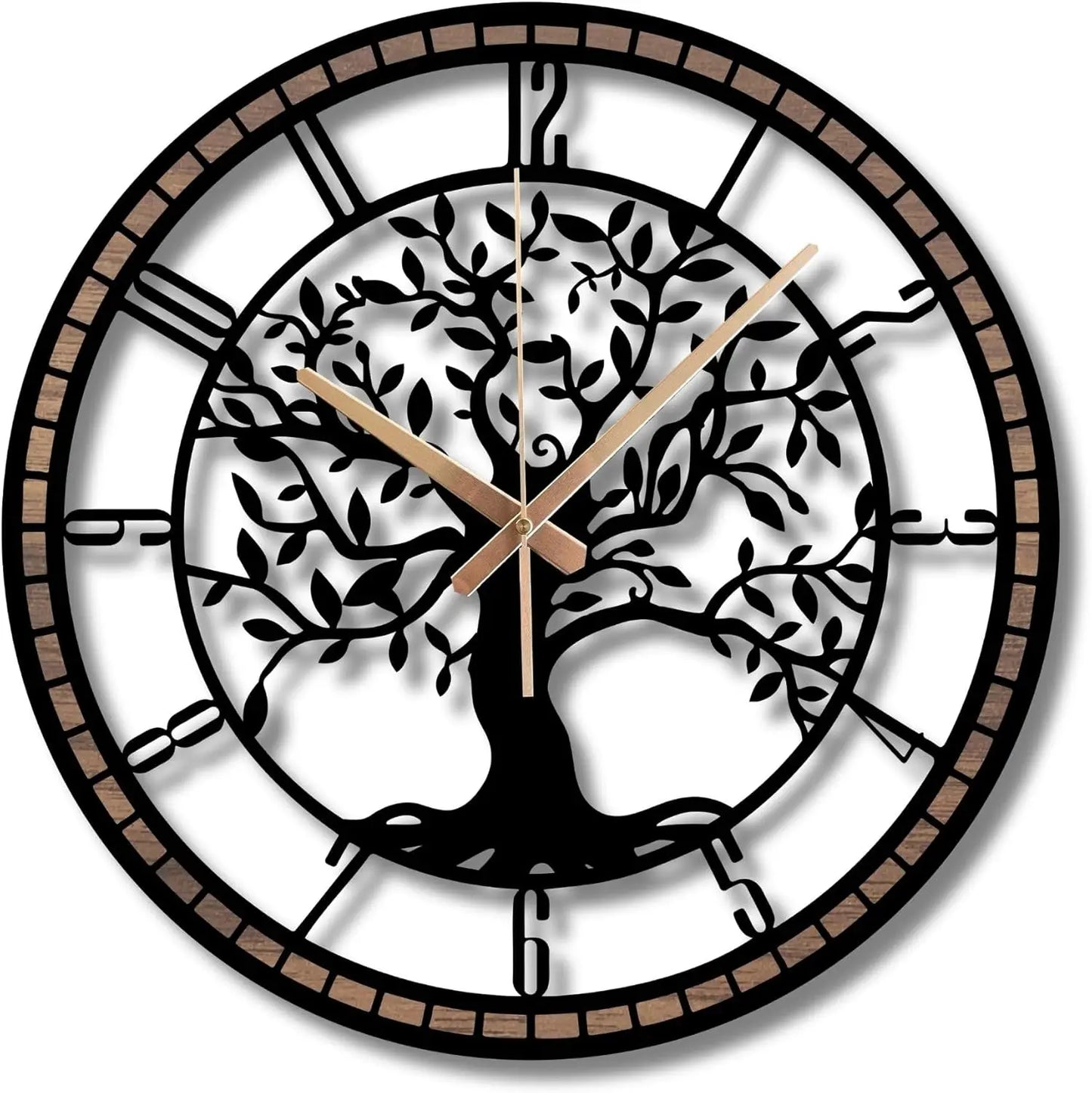 Tree of Life Wall Clock, Metal with Wood Clocks, Large Wall Clock for Living Room, Office, Bedroom, Home, Mid Century Silent Non