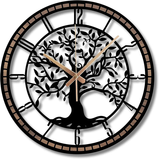 Tree of Life Wall Clock, Metal with Wood Clocks, Large Wall Clock for Living Room, Office, Bedroom, Home, Mid Century Silent Non