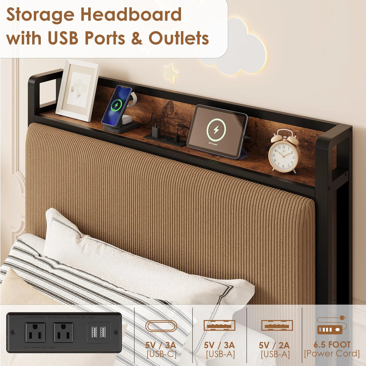 Mid Century Modern Platform Bed Frame With Charging Station