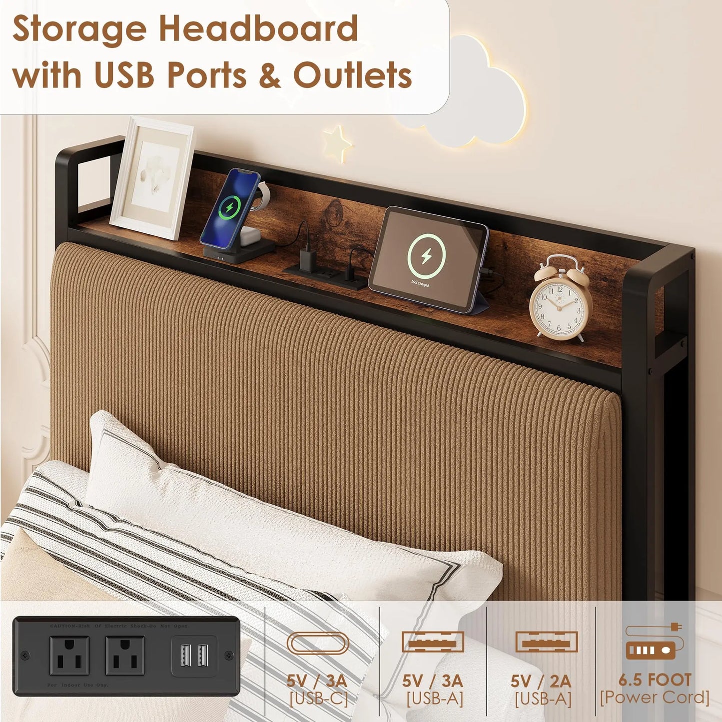 Mid Century Modern Platform Bed Frame With Charging Station