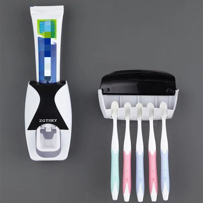 Automatic Toothpaste Dispenser Wall Mount Dust-proof Toothbrush Holder Wall Mount Storage Rack Bathroom Accessories Set Squeezer