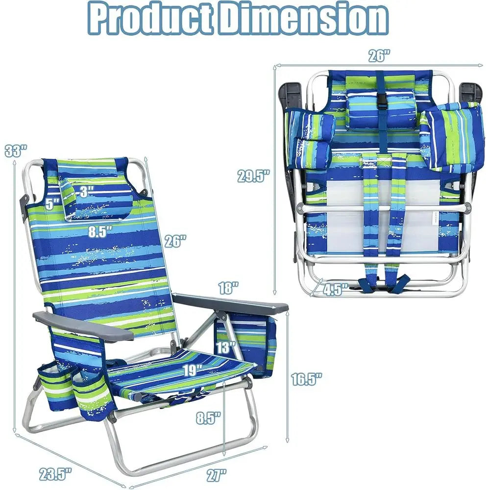 Adjustable Position Beach Chair with Pillow, Storage, Towel Bar, Cup Holders, and Backpack for Outdoor Camping
