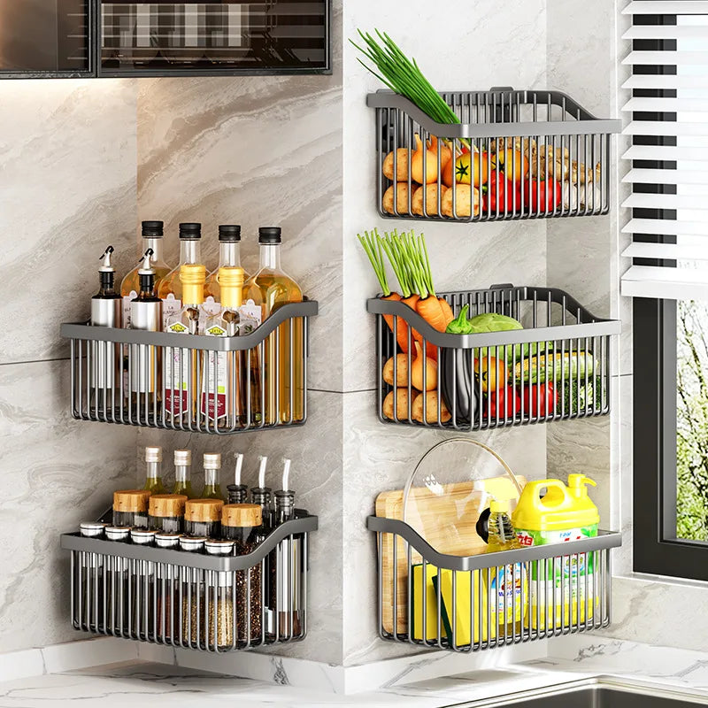 AOBT No-Drill Multifunctional Wall-Mounted Spice Rack Kitchen Storage Organizer Salt Seasoning Jar Vegetable Basket Rack