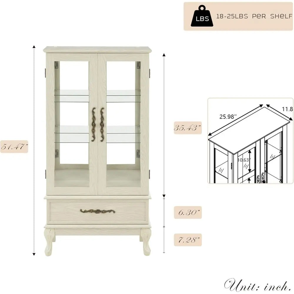 3-Tier Antique White Curio Cabinet with Lighted Glass Shelves and Acrylic Panel