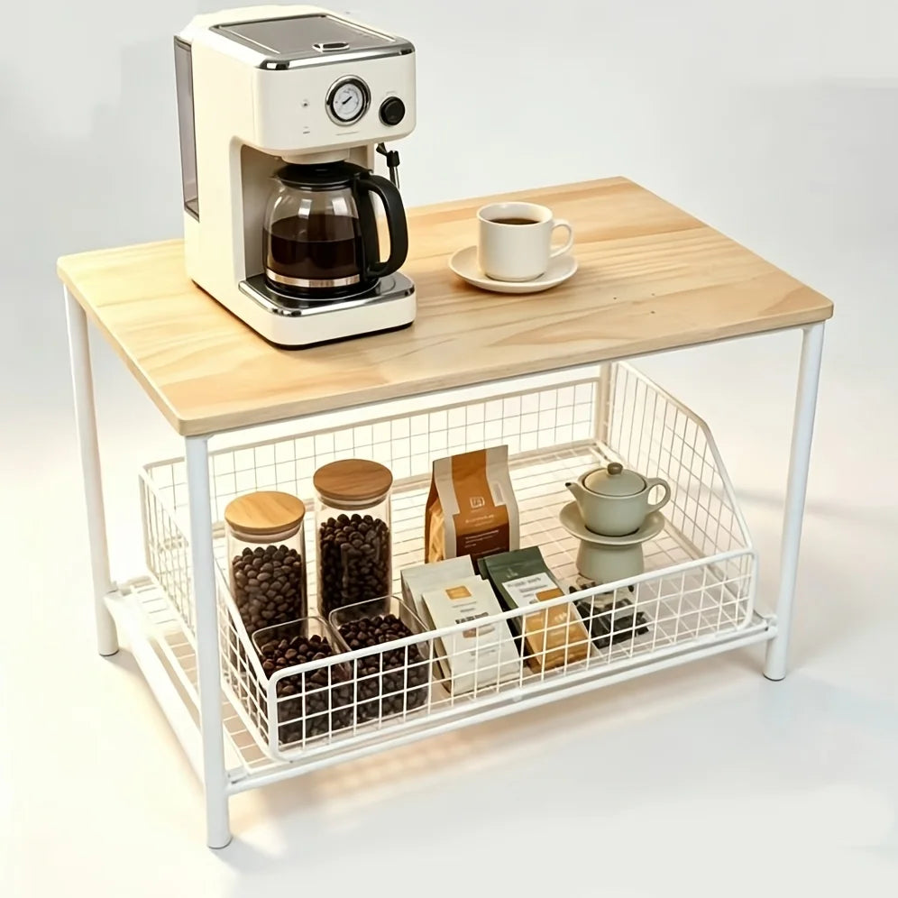Kitchen Counter Storage Rack with Metal Drawer, Solid Wood & Metal Pull-Out Organizer for Coffee Maker, Microwave And Tableware