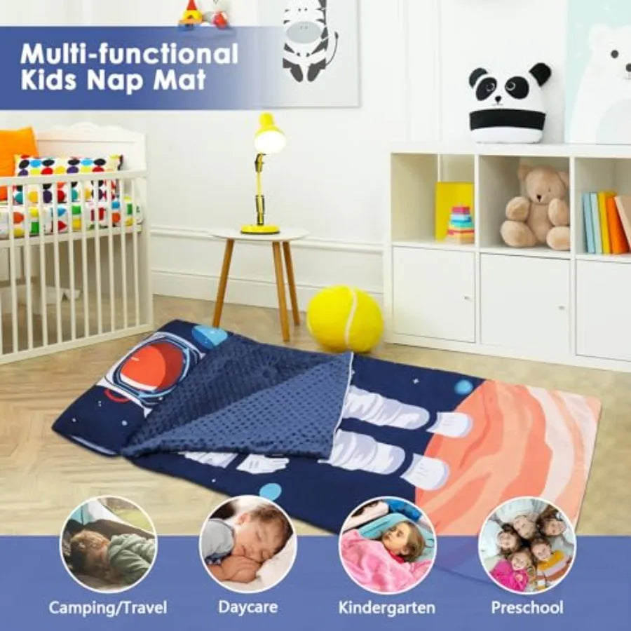 Sleeping Bag Toddler Nap Mat with Removable Pillow Large Foldable Sleeping Bag for Girls Boys Easy Clean Slumber Bag with Doubl