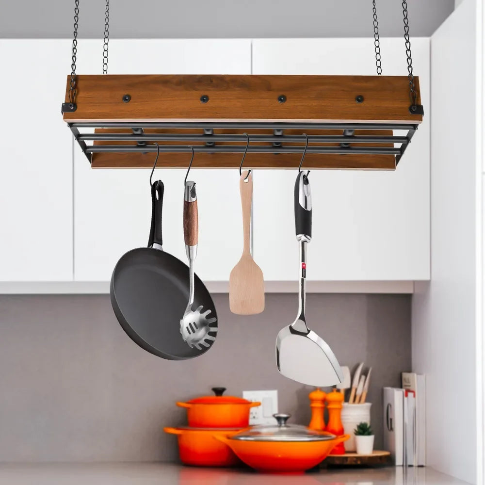 Adjustable Ceiling-Mounted Kitchen Hanging Pot Pan Holder – Cookware Organizer Rack W/ Spring Clips, Space-Saving Storage Shelf