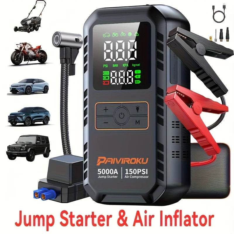 6-in-1 Jump Starter with Air Compressor, 150PSI Air Pump for Car Tires, 5000A Peak Jump Starter Portable Power Bank