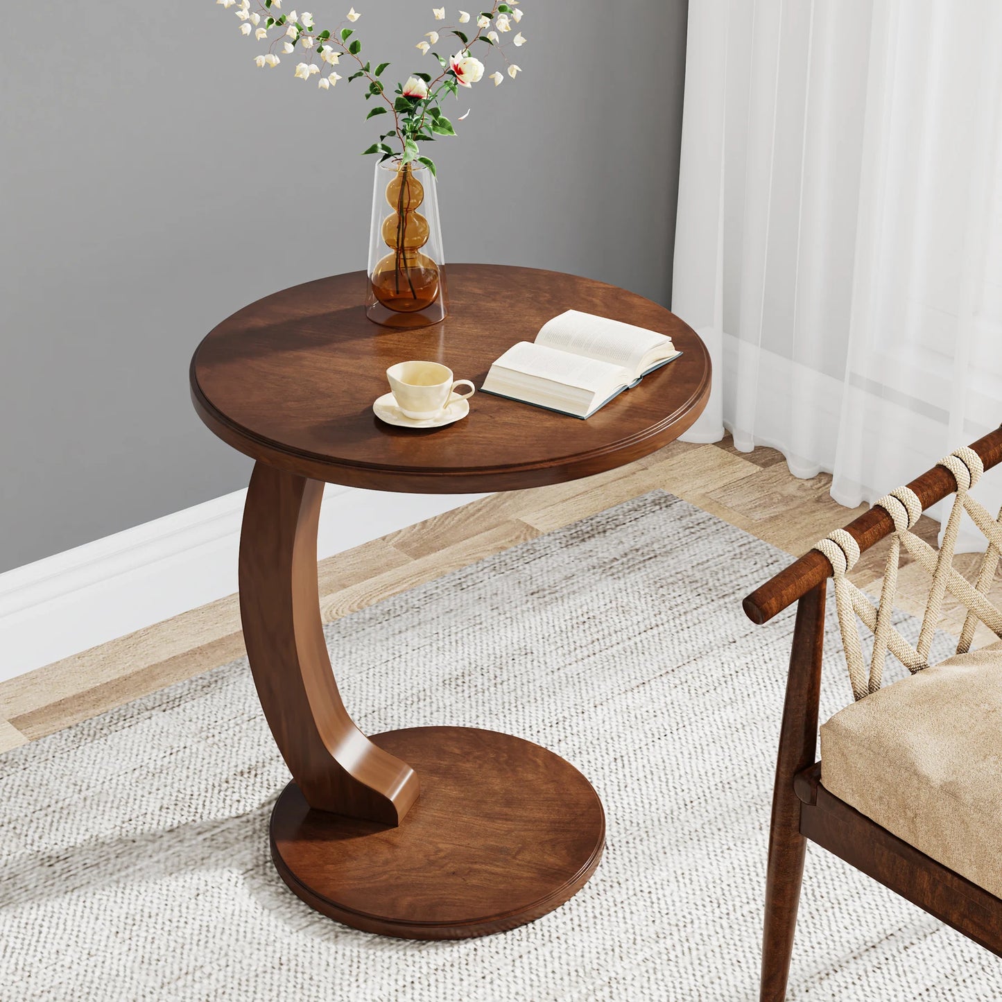 Tribesigns Round End Table, Wood C-Shaped Side Table, Small Couch Side Table, Mid-Century End Table, Retro Side Table