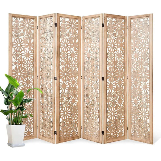 Folding Wood Room Divider Panel, 67 Inch Tall Daisy-Carved Privacy Screen - No-Assembly Required, Decorative Flower Carved Room