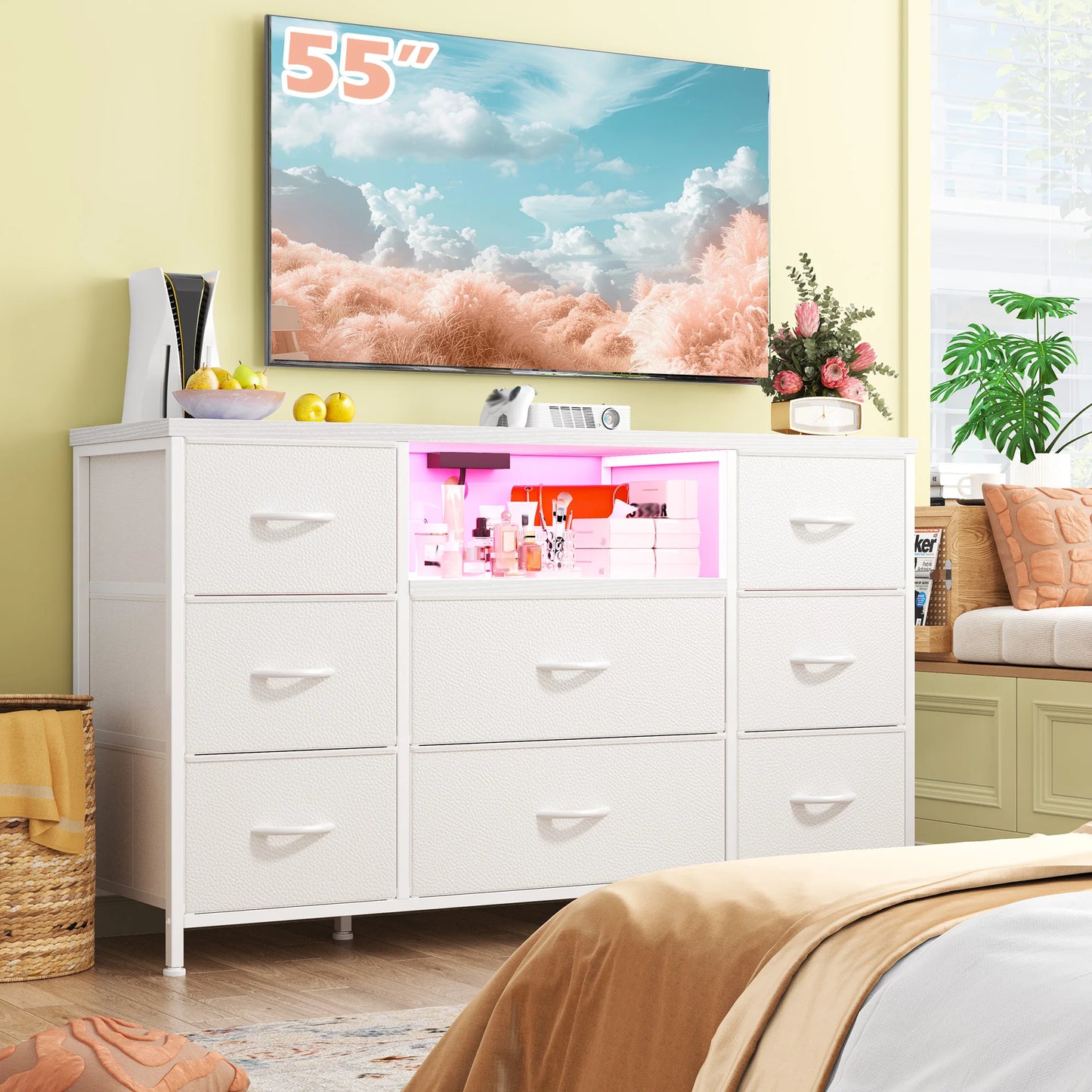 EnHomee 8-Drawer Media Dresser with LED Lighting & Built-in Charging Station - Fabric Storage Cabinet for 55" TVs, Ideal for Bedroom