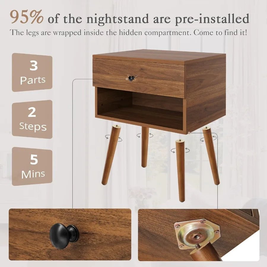 Mid Century Modern Hidden Compartment Night Stand Set with Wood Legs 2-Piece End Table with Storage Drawer for Bedroom in Walnu