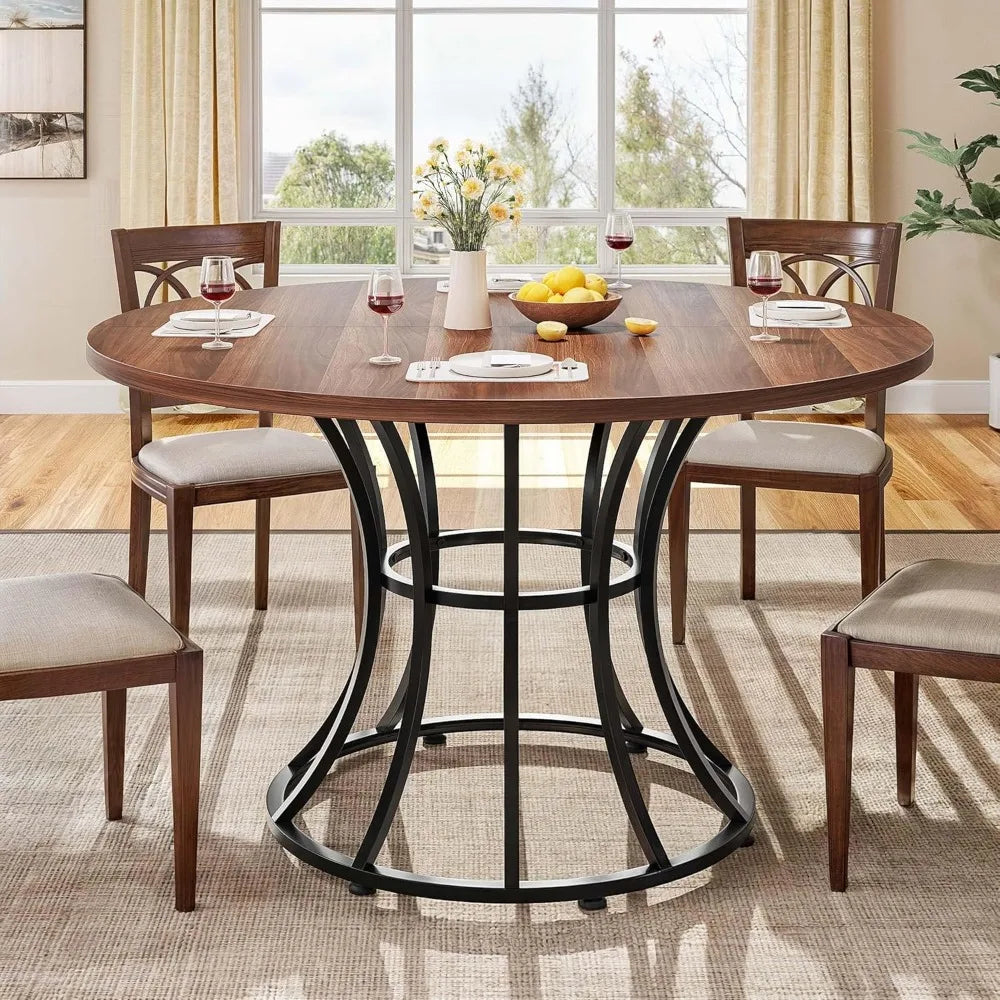 Farmhouse Round Dining Table With Heavy Duty Metal Base