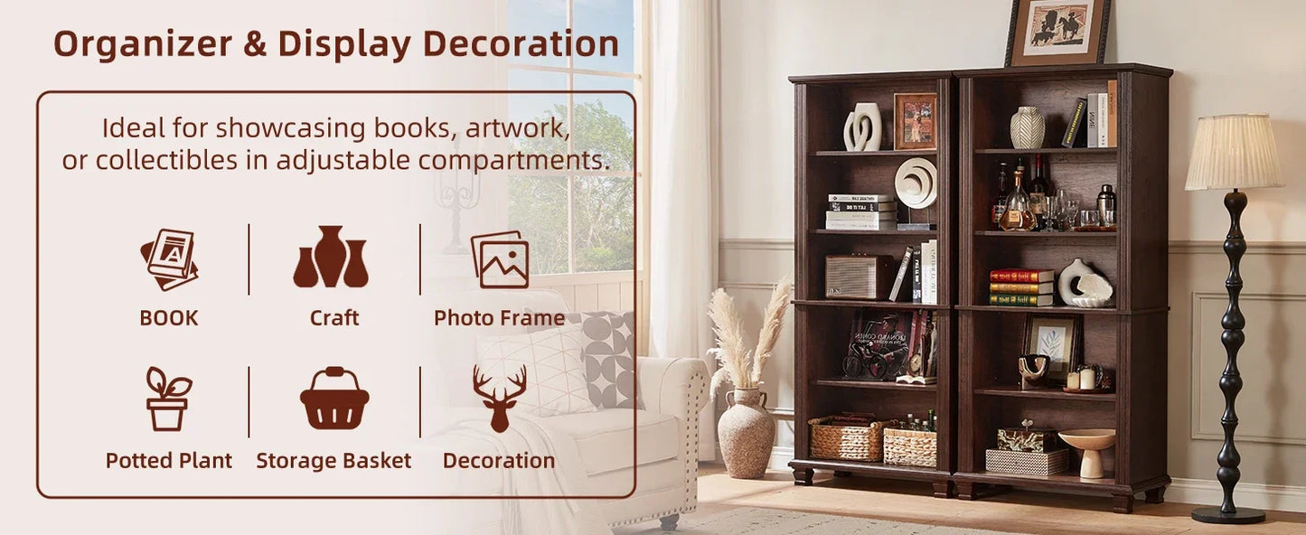 SAVOR LIFE 70" Tall Walnut Bookshelf,5 Tier Wooden Book Shelf with Adjustable Shelves & Wood Legs,Free Standing Farmhouse