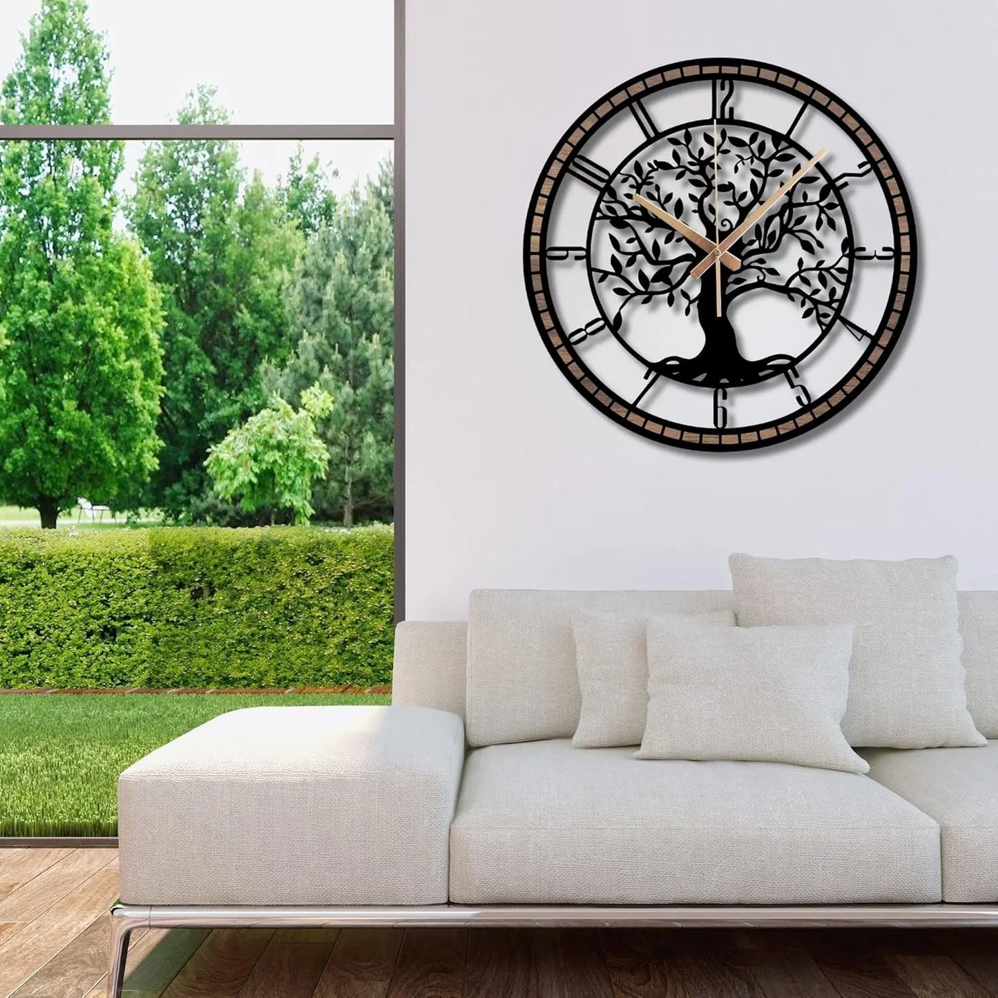 Tree of Life Wall Clock, Metal with Wood Clocks, Large Wall Clock for Living Room, Office, Bedroom, Home, Mid Century Silent Non