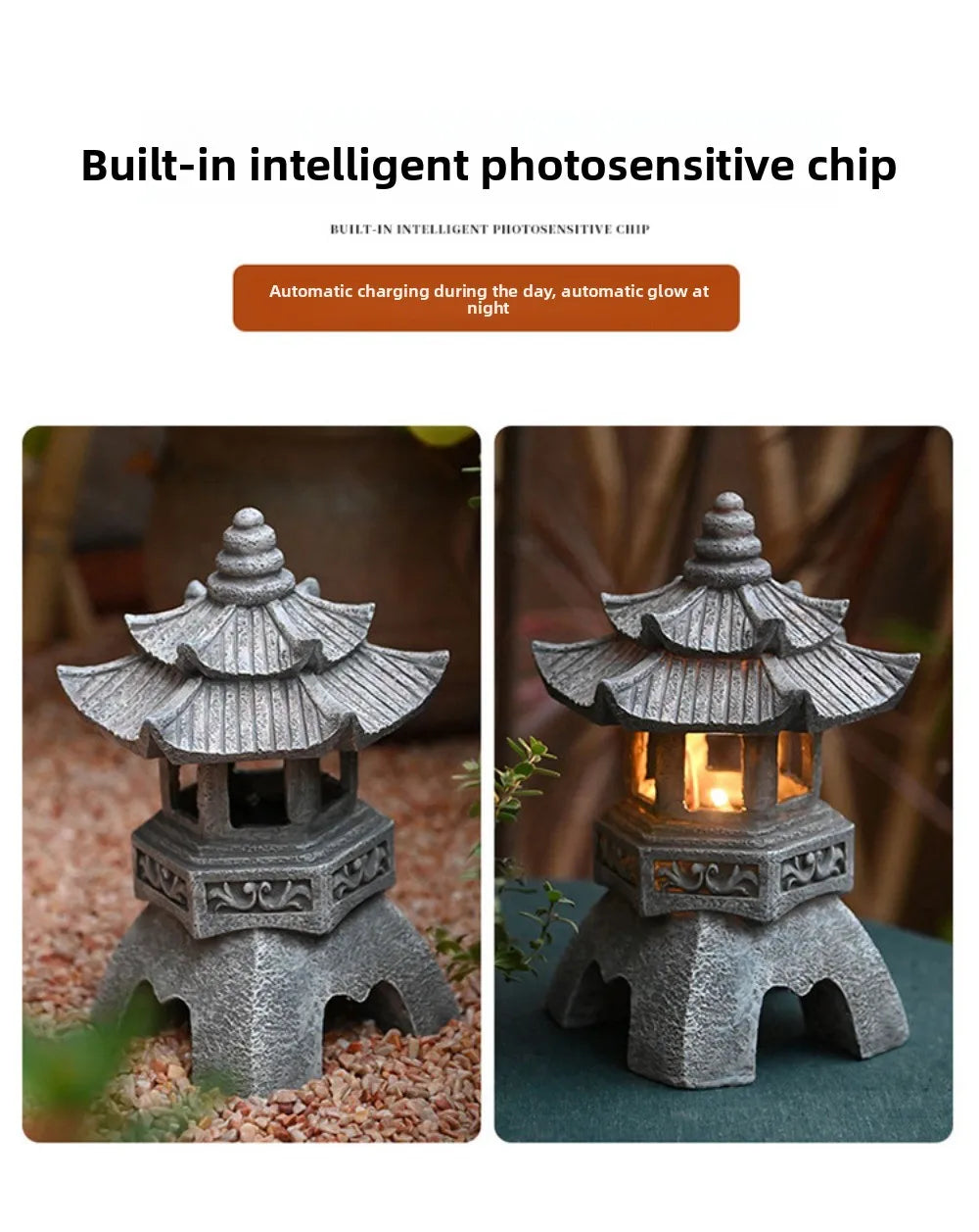 Solar Powered Lamp Garden Accessories Oriental Stone Pagoda Sculpture Zen Palace Lantern Outdoor Light Garden Ornament